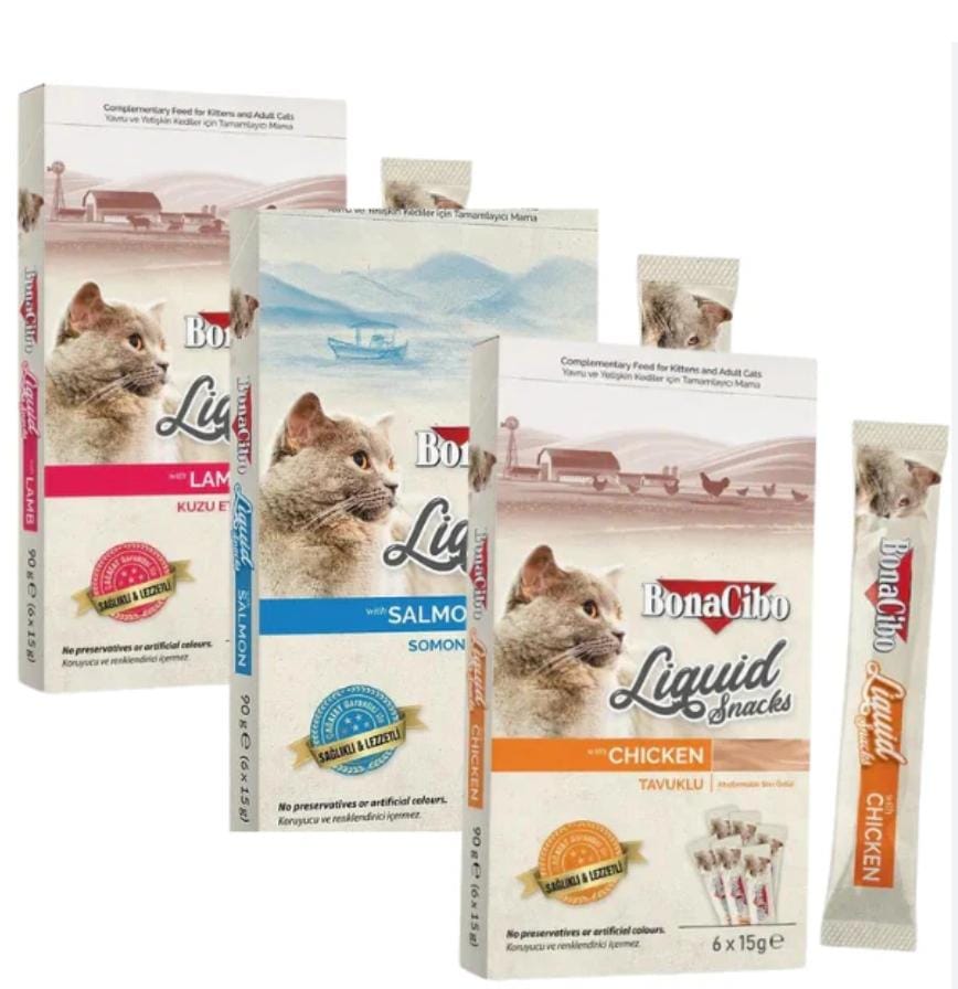BonaCibo Liquide snack pour chat – Pack 6 x 15g – Friandise savoureuse et nutritive