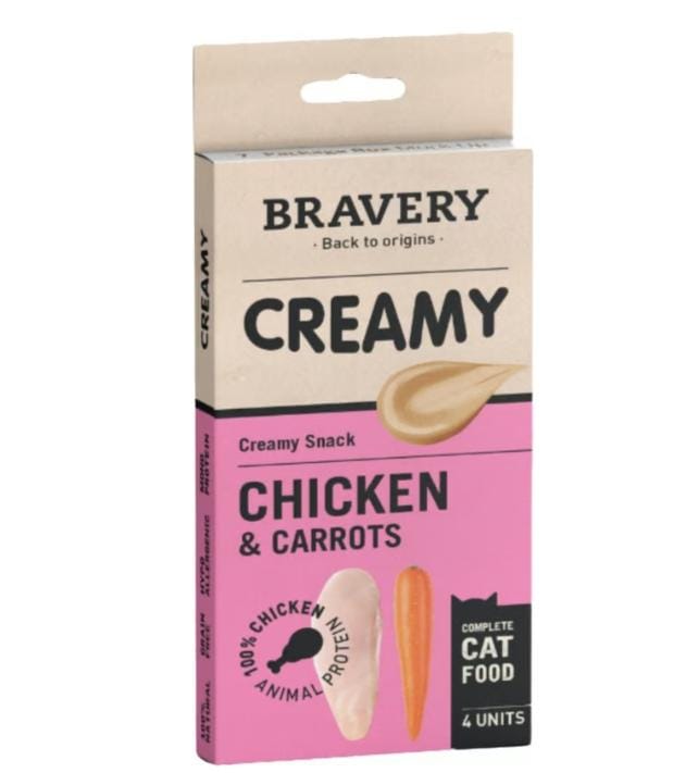 Bravery Crème Poulet et Carotte – Friandises crémeuses pour chat, pack 4 x 14g
