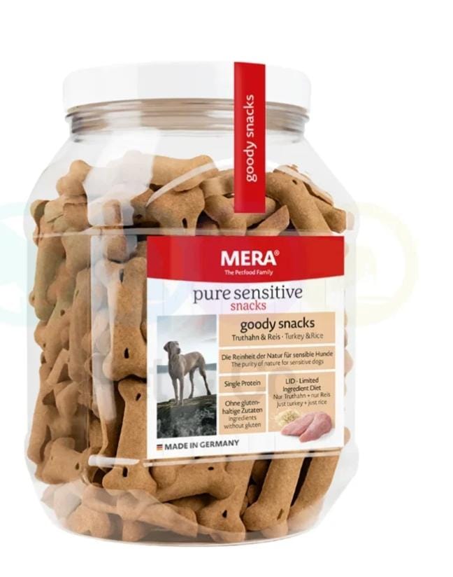Friandises Mera Pure Sensitive Snacks pour chien – Saumon & riz ou Dinde & pommes de terre, 600 g