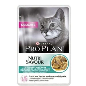 Proplan Nutrisavour Délicate Poisson 85g – Pâtée savoureuse pour chats adultes sensibles, digestion facilitée et soin de la peau